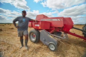 The Massey Ferguson 1840 smallsquare baler in action on Ralph’s farm.